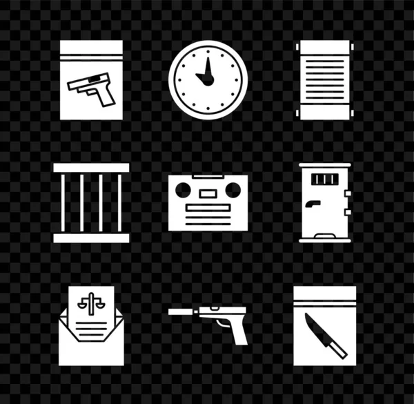 Set Bolsa de pruebas y pistola o pistola, Reloj, Decreto, papel, pergamino, pergamino, citación, pistola con silenciador, cuchillo, ventana de la prisión y el icono de cinta de audio retro. Vector — Archivo Imágenes Vectoriales