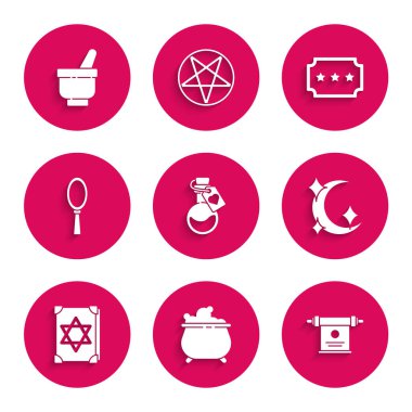 Aşk iksiri şişesi, cadı kazanı, sihirli parşömen, ay ve yıldızlar, antik sihirli kitap, el aynası, bilet ve havan topu ikonu. Vektör