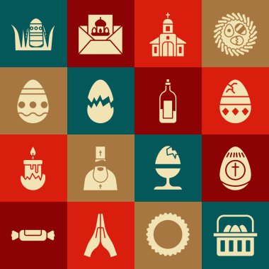 Paskalya yumurtaları, Paskalya, Çatlak, Kilise binası, Kırık ve bir şişe şarap ikonu. Vektör