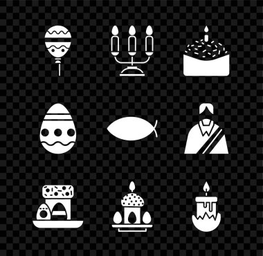 Balonları kurdeleli, şamdanlı, paskalya pastalı, yumurtalı, yanan ve Hristiyan balık ikonlu hazırla. Vektör