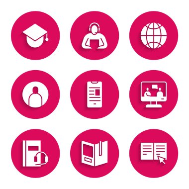 Çevrimiçi kitabı mobil, açık, eğitim, ses, hesap ekranı oluşturma, sosyal ağ ve mezuniyet başlığı simgesi üzerine ayarla. Vektör