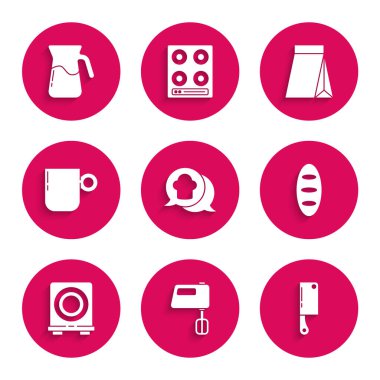 Şef şapkasını konuşma baloncuğuna, elektrikli miksere, et doğrayıcısına, ekmek sopasına, ocağa, kahve fincanına, kahve çekirdeğine ve ikonlu sürahi bardağına yerleştir. Vektör