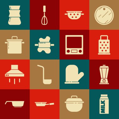 Süt, blender, Grater, Kitchen süzgeci, hamurda rulo pin, pişirme tenceresi, kahve hindisi ve elektronik ölçek ikonu için kağıt paketi. Vektör