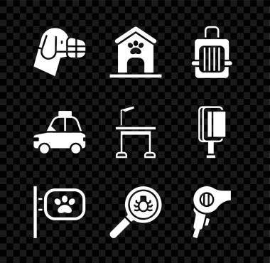 Köpeği ağızlık, ev ve pençe izi, hayvan taşıma çantası, tımarlama, pire araması, saç kurutma makinesi, taksi ve masa ikonu. Vektör