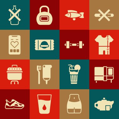 Çaydanlık 'ı bardak, yatak, spor eşofman, balık, spor beslenme, gezici kalp atış hızı alkol ve Dumbbell ikonu olmadan hazırla. Vektör