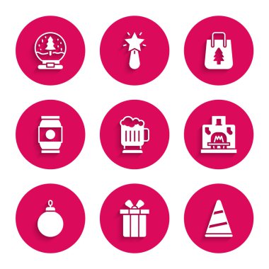 Tahta bira bardağı, hediye kutusu, parti şapkası, şömine, Noel topu, bira kutusu, alışveriş torbası ve kar küresi ikonu. Vektör