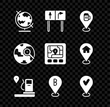 Dünya küresi, trafik işareti, alkol veya bira barı konumu, konum ve benzin istasyonu, kontrol işareti, büyüteç ve GPS aygıtı haritası simgesi ile ayarlayın. Vektör