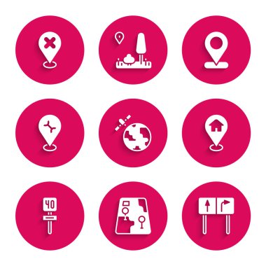 Gezegenin yörüngesindeki uyduları, şehir haritasını, trafik işaretini, evi, araba servisini ve çapraz işaret simgesini ayarla. Vektör