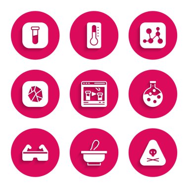 Chemical 'ı çevrimiçi hale getirin, Havan topuzu, Üçgen uyarı toksik, test tüpü şişesi, güvenlik gözlüğü, tuz taşı, formül ve ikon. Vektör