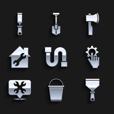 Endüstriyel boru, kova, macun bıçağı, anahtar ayarları, ev onarımı, tahta balta ve Rasp metal dosya ikonu. Vektör