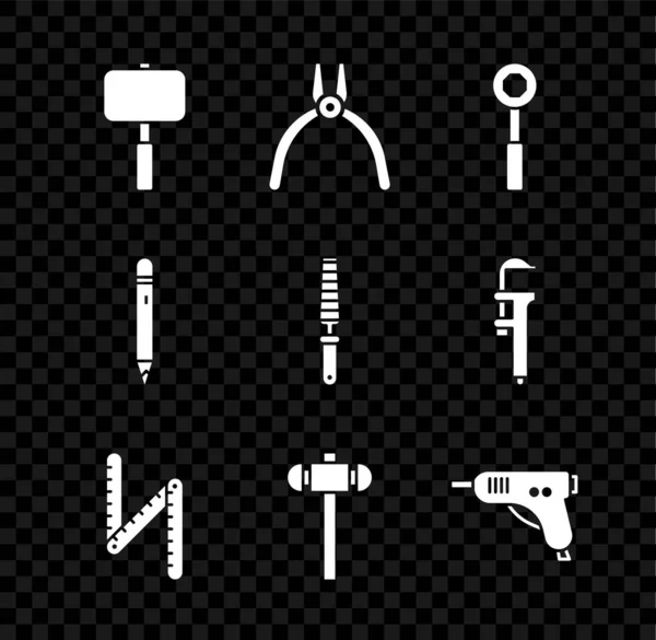 Set voorhamer, takkenschaar, moersleutel, klapliniaal, elektrisch hetelijmpistool, potlood met gum en beitel voor houten icoon. Vector — Stockvector