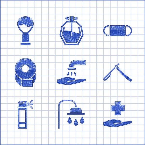 Set Händewaschen mit Seife, Duschkopf, Kreuz Krankenhaus medizinische, Rasiermesser, Flaschendüsenspray, Toilettenpapierrolle, medizinische Schutzmaske und Rasierpinsel Symbol. Vektor — Stockvektor