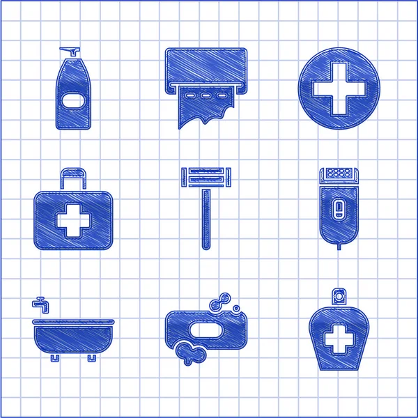 Set Rasiermesser, Seife, antibakterielle Flasche, elektrischer Haarschneiderasierer, Badewanne, Verbandskasten, medizinisches und symbolhaftes Kreuz im Krankenhaus. Vektor — Stockvektor