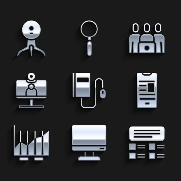 Set Elektronisch boek met muis, Computer monitor scherm, Online quiz, test, enquête, mobiel, Taartdiagram infographic, Video chat conferentie, klasse en Web camera icoon. Vector — Stockvector