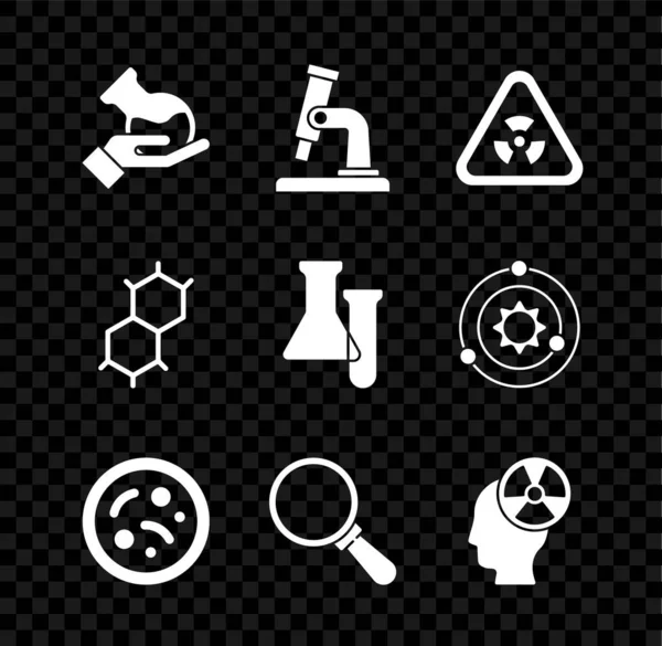 Definir tubo de teste e frasco, microscópio, triângulo com radiação, bactérias, lupa, símbolo de cabeça, fórmula química e ícone. Vetor — Vetor de Stock