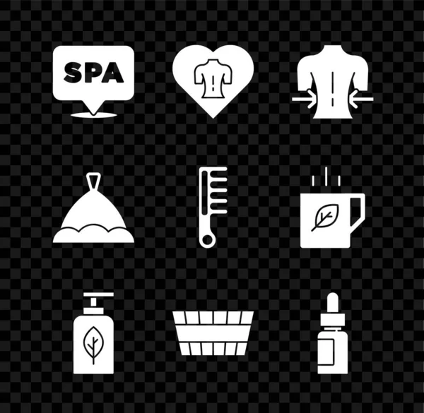 Спа салон, массаж, бутылка эфирного масла, ведро для сауны, шляпа и икона щетки для волос. Вектор — стоковый вектор