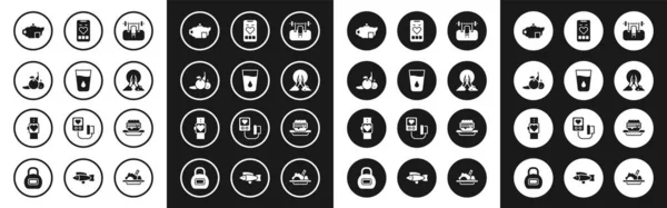 Set Bank mit Barbe, Glaswasser, Obst, Teekanne, Meditation, mobile Herzfrequenz, Junk Food und Smart Watch Symbol. Vektor — Stockvektor