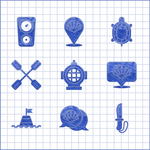 Set Aqualung, Scallop zeeschelp, mes, drijvende boei op de, peddel, schildpad en Gauge schaal pictogram. Vector — Stockvector