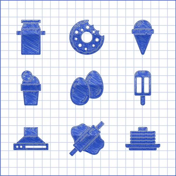 Set oeufs de Pâques, rouleau à pâtisserie, pile de crêpes, crème glacée, ventilateur d'extracteur de cuisine, cône de gaufre et récipient Can pour icône du lait. Vecteur — Image vectorielle