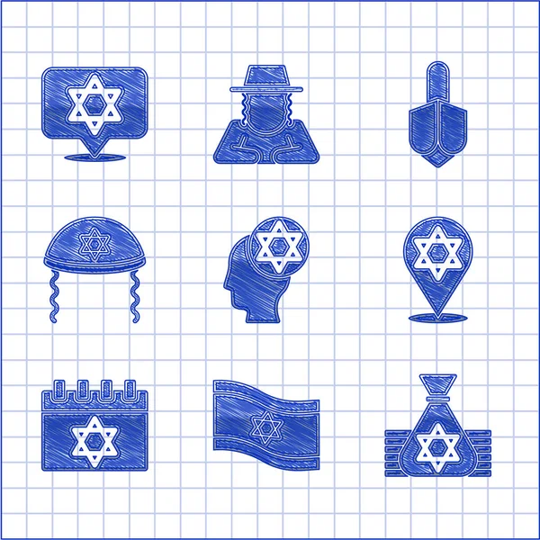 Σετ Ορθόδοξο εβραϊκό καπέλο, Σημαία του Ισραήλ, εβραϊκή τσάντα χρήματα, Star David, ημερολόγιο, kippah, Hanukkah dreidel και εικόνα. Διάνυσμα — Διανυσματικό Αρχείο
