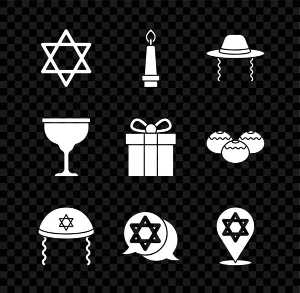 Set Star of David, Vela ardente, chapéu judeu ortodoxo, kippah judaico, cálice e ícone da caixa de presente. Vetor — Vetor de Stock