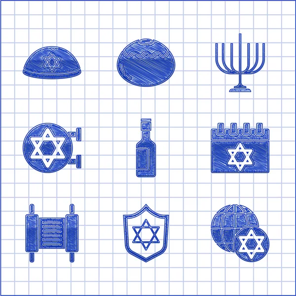 Set botella de vino judío, Escudo con Estrella de David, Globo Mundial e Israel, calendario, Torá pergamino, sinagoga, Hanukkah menorah y kippah icono. Vector — Vector de stock