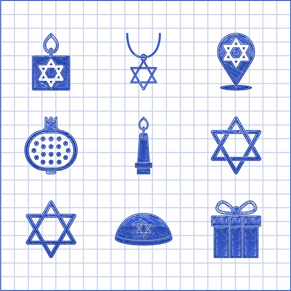 Nastavte hořící svíčku, židovskou kippah, dárkovou krabici, Davidovu hvězdu, Granátové jablko a ikonu. Vektor — Stockový vektor