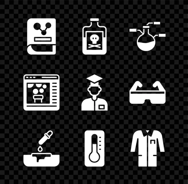 Set livre de chimie, poison en bouteille, éprouvette et fiole, boîte de Pétri avec pipette, thermomètre médical, uniforme de laboratoire, chimique en ligne et icône assistant. Vecteur — Image vectorielle