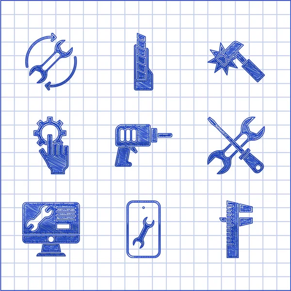 Set Elektrische Bohrmaschine, mobiler Service, Bremssattel oder Messschieber und Waage, Schraubenschlüssel, Computermonitor, Einstellungen der Hand, Hammer und Schraubenschlüssel Pfeile als Workflow-Symbol. Vektor — Stockvektor