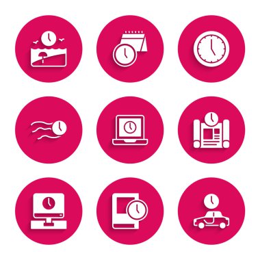 Dizüstü bilgisayar zamanı, seyahat, proje planı, monitör, saat, saat ve tatil simgesi. Vektör