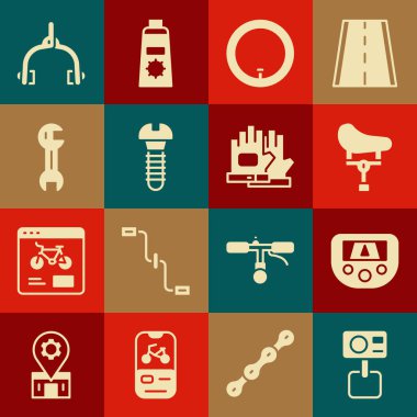 Eylem ekstrem kamerasını, haritalı GPS cihazını, bisiklet koltuğunu, tekerleği, metal vidayı, anahtarlığı, fren ayarlarını ve eldiven simgesini ayarla. Vektör