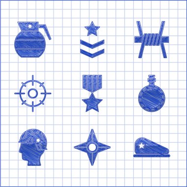 Askeri ödül madalyası, Japon ninja shuriken, bere, kantin su şişesi, ordu askeri, hedef sporu, dikenli tel ve el bombası ikonu. Vektör