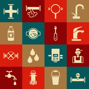 Endüstriyel boru, manometre, tesisatçı, su musluğu, filtre anahtarı, temizlik maddesi, metal ve tornavida ikonu şişesi. Vektör