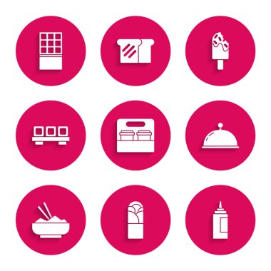 Kahve fincanını paket yap, Doner kebap, sos şişesi tepsiyle kaplı, kase çubuğunda pirinç, suşi kesme tahtası, dondurma ve çikolata ikonu. Vektör