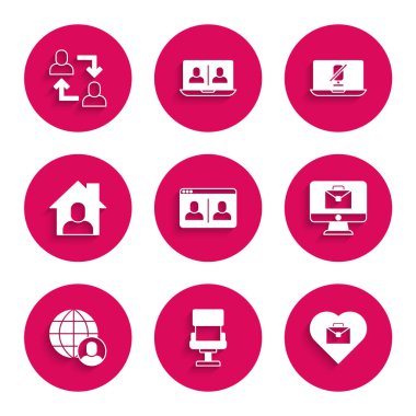 Video sohbet konferansı ayarla, ofis başkanı, metin çalışmalı kalp, çevrim içi çalışma, Freelancer, Dilsiz mikrofon dizüstü bilgisayar ve Proje ekibi ikonu. Vektör