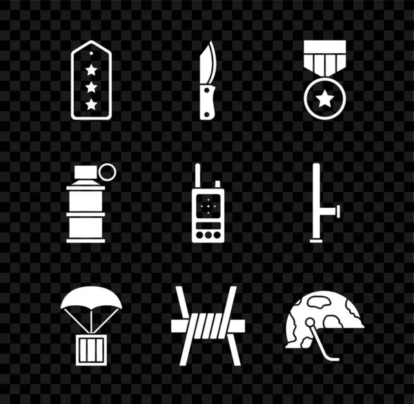 Askeri rütbe, bıçak, ödül madalyası, hava indirme kutusu, dikenli tel, kask, el bombası ve telsiz ikonu. Vektör — Stok Vektör