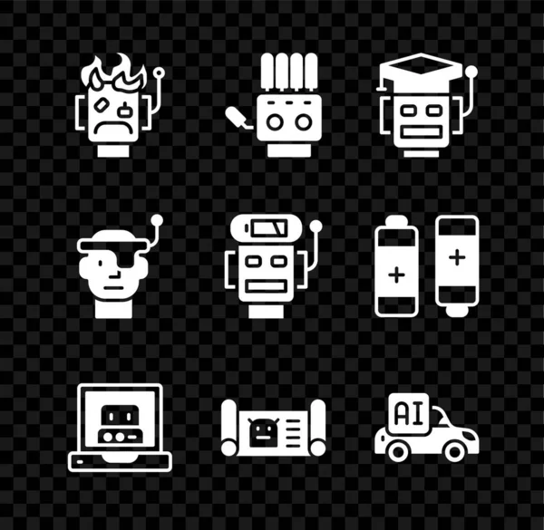 Set Robot queimado, mão robô mecânico, Criando, blueprint, carro inteligente autônomo, óculos inteligentes e ícone de carga de bateria baixa. Vetor —  Vetores de Stock