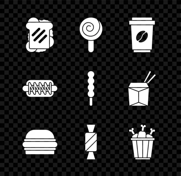 Sandwich, Lollipop, Coffee cup to go, Benchmark, Candy, Chicken leg in package box, Hotdog sandwich and icon. Вектор — стоковый вектор