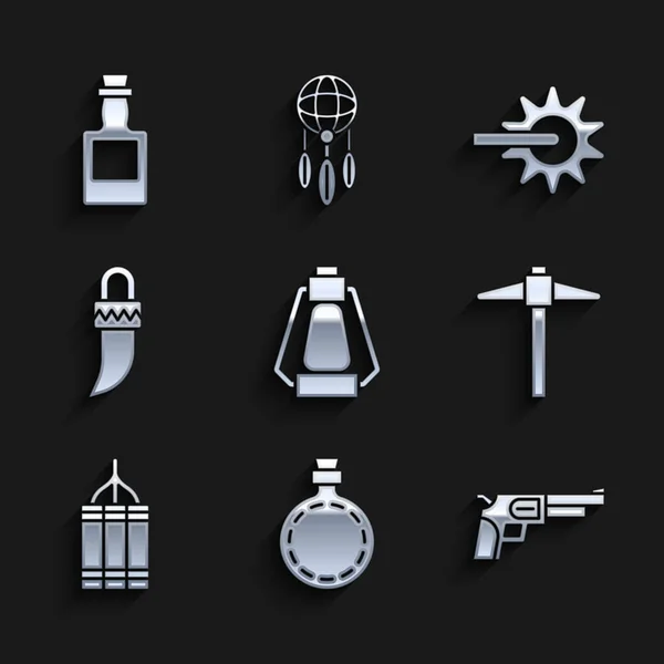 Set linterna de camping, botella de agua de la cantina, revólver, Pickaxe, bomba dinamita, diente, espolón y el icono de tequila. Vector — Archivo Imágenes Vectoriales