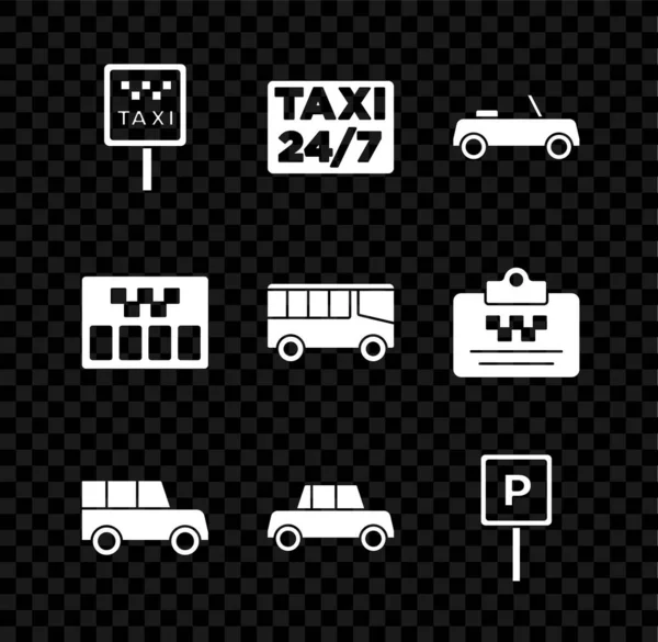 Állítsa Road tábla egy taxiállomás, Helyszín, Autó, Parkoló, Taximéter és Busz ikon. Vektor — Stock Vector