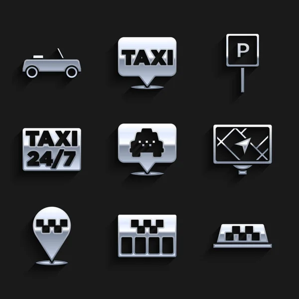 Emplacement de l'ensemble avec taxi, taximètre, toit de la voiture, carte de l'appareil GPS, parking et icône de la voiture. Vecteur — Image vectorielle