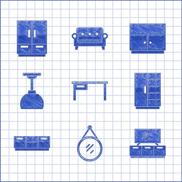 설정 오피스 데스크, 미러 , TV 테이블 스탠드,워리어, 가구의 침대 스탠드, 램프매달려, 아이콘. Vector — 스톡 벡터