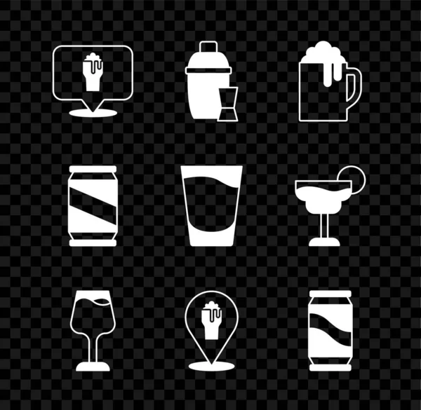 アルコールやビールバーの場所、カクテルシェーカー、木製マグカップ、ワイングラス、ビール缶、ショットアイコンを設定します。ベクトル — ストックベクタ