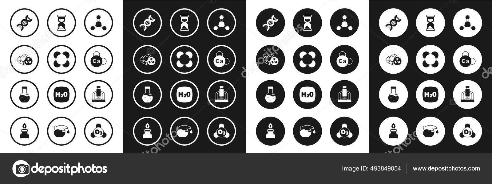 분자, 방사능 , DNA 기호, 미네랄 Ca 칼슘, 오래 된 모래시계, 현미경, 시험관 아이콘. Vector 스톡 벡터 -  ©vectoroksana 493849054, image size:1600x600