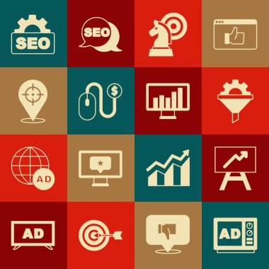 Reklamcılığı ayarla, grafik grafikli tahta, satış hunisi teçhizatı, Satranç, Hedef, SEO optimizasyonu ve Monitör simgesi. Vektör