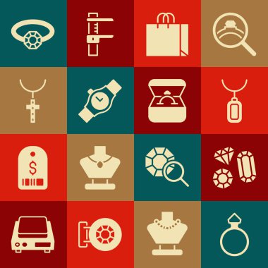 Elmas nişan yüzüğü, mücevher taşı, kolye, alışveriş çantası mücevheri, kol saati, Hıristiyan haç zinciri ve kutu ikonu. Vektör