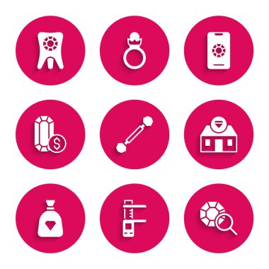 Piercing, Calliper, Caliper ve Caliper, Mücevher, Mücevher Mağazası, Mücevher Torbası, Online alışveriş ve Diş Elması ikonu. Vektör