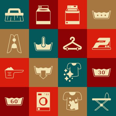 Demir ve ütü masası, Sıcaklık Yıkama, Elektrik, Çamaşır, Mandal, Temizlik için fırça ve Askı dolabı ikonu. Vektör