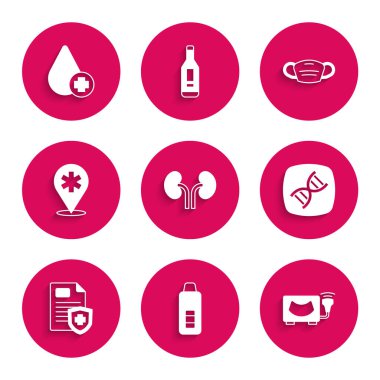 İnsan böbrekleri, dijital termometre, ultrason, DNA sembolü, hasta kaydı, konum hastanesi, tıbbi koruyucu maske ve kan bağışlama ikonu ayarla. Vektör