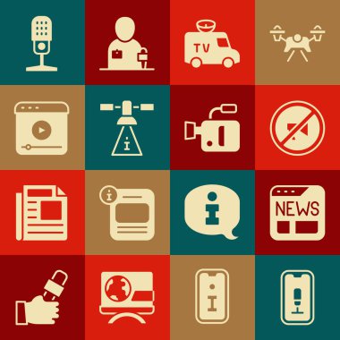 Mobil kayıt, haber, sansürlü pul, TV arabası, uydu, canlı yayın, mikrofon ve sinema kamerası ikonu. Vektör